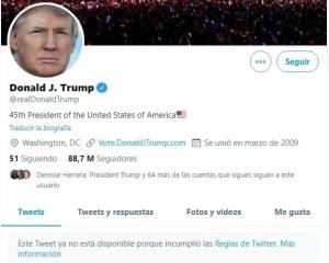 Twitter bloquea cuenta de Trump; advierte sobre suspensión permanente