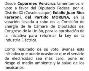 Lamenta Coparmex Veracruz voto de Lalo Ríos