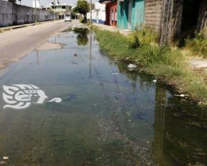Enorme fuga de aguas negras atrás de escuela en Coatzacoalcos