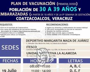 Del 19 al 21 de julio, vacunarán a más de 40 mil treintones en Coatzacoalcos