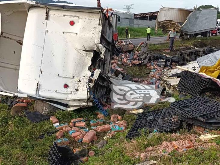 Tráiler con embutidos se parte en la Córdoba-Veracruz; rapiñeros hacen su agosto