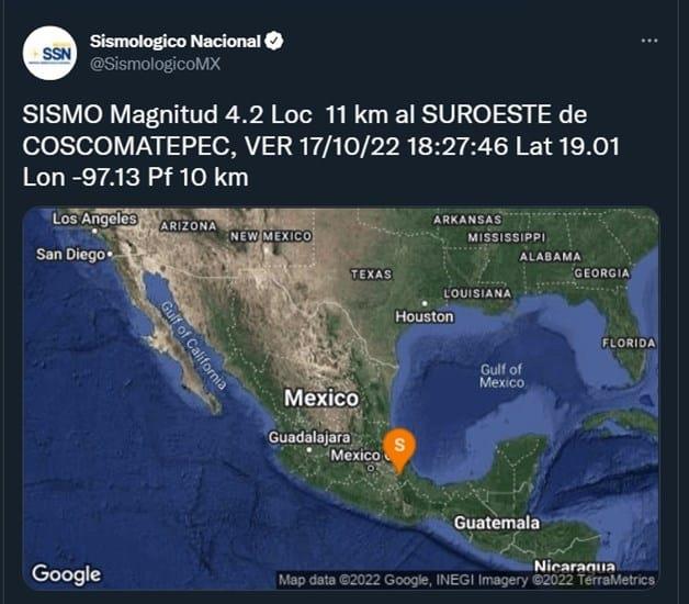 ¿Lo sentiste? Se registró sismo de magnitud 4.2 en Coscomatepec