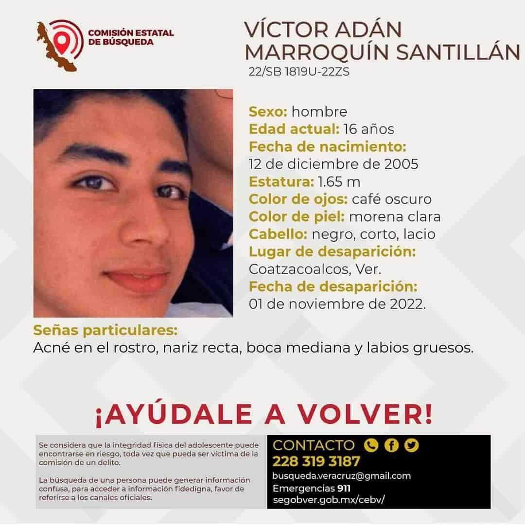 Víctor Adán Marroquín de 16 años, desapareció en Coatzacoalcos