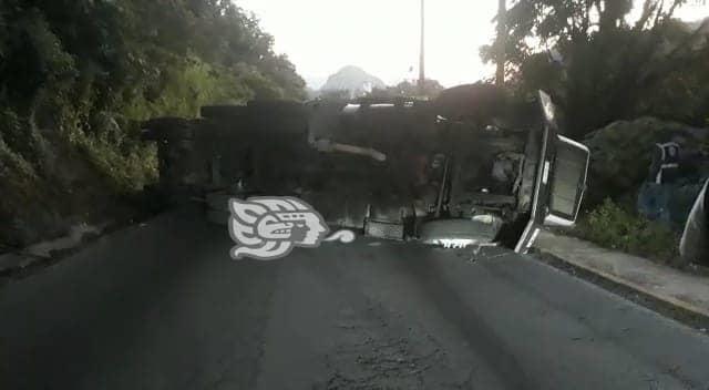 Vuelca tráiler sobre la carretera Xalapa-Misantla; carga queda regada en la cinta asfáltica