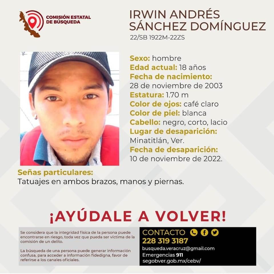 Buscan a Irwin Andrés, desaparecido en Minatitlán
