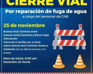 Cierran tramo de bulevar Ruiz Cortines de Boca del Río por reparación de fuga