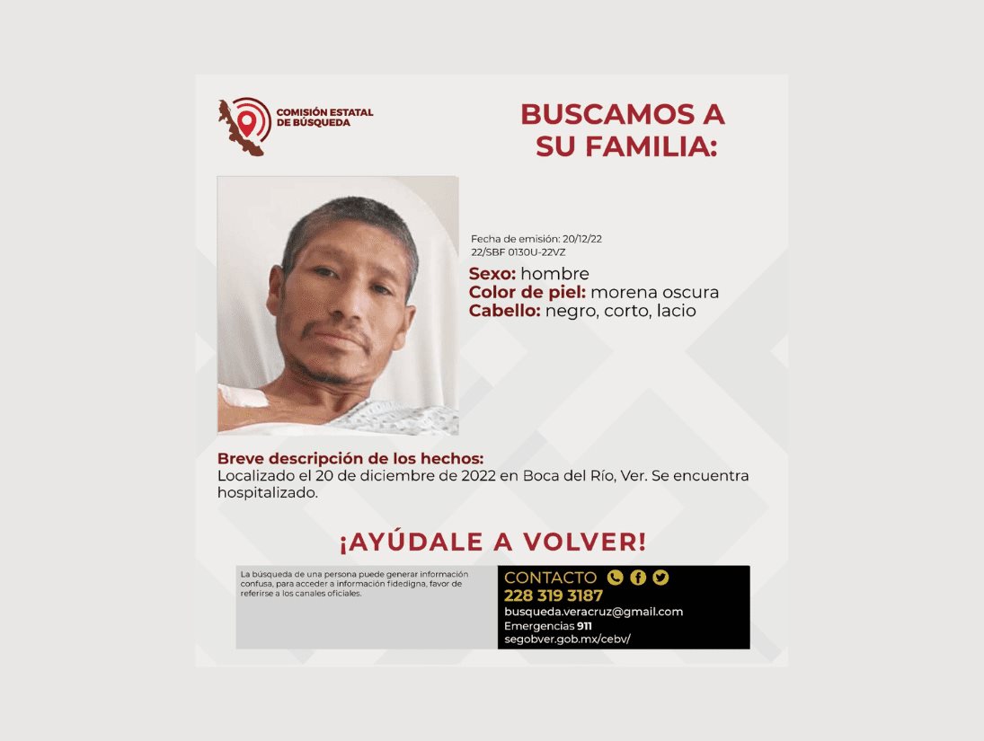 Buscan a familiares de hombre hospitalizado en Boca del Río