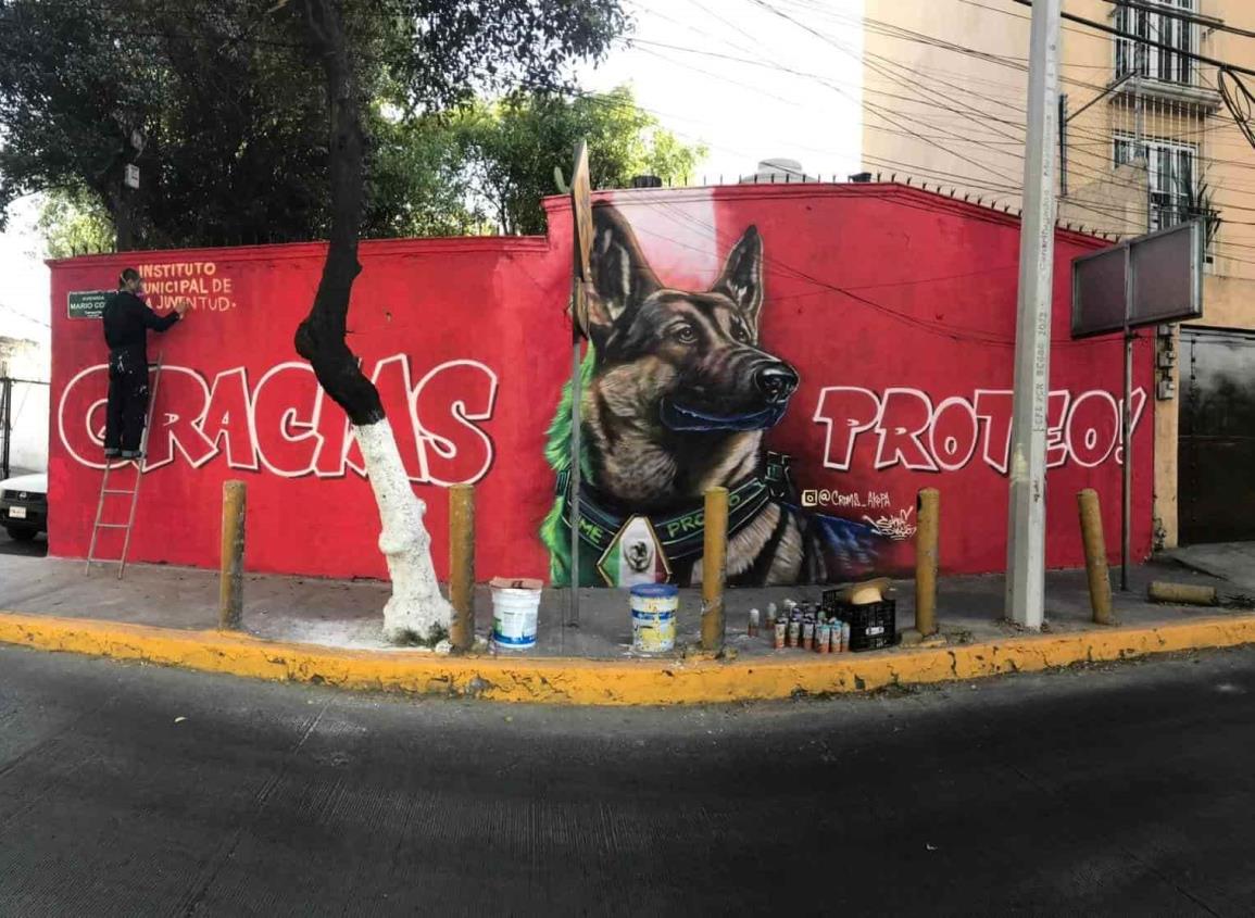 Pintan mural en honor a Proteo, perrito rescatista, en Tlalnepantla
