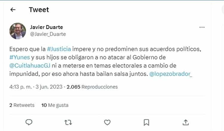 Asegura Javier Duarte, que Cuitláhuac y Yunes pactaron impunidad