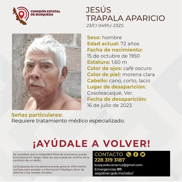 El abuelito Jesús Trapala, cumplió 5 días desaparecido en Cosoleacaque