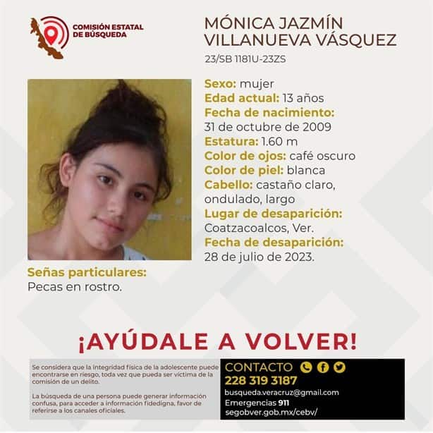 La pequeña Mónica Jazmín Villanueva de 13 años se encuentra desaparecida en Coatzacoalcos