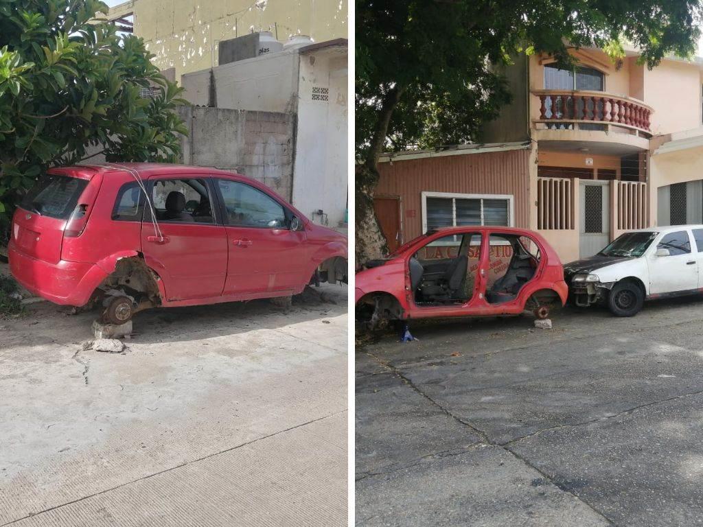 Vehículos maceta en Coatzacoalcos; permanecen desmantelados en la vía pública