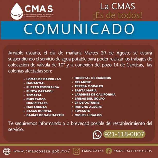 CMAS anuncia suspensión del servicio para estas colonias en Coatzacoalcos
