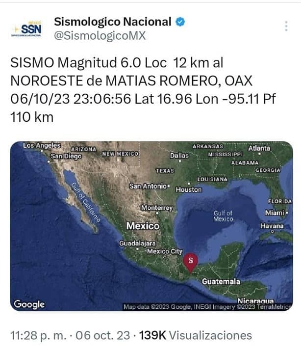 Temblor sacude a Coatzacoalcos y al sur, epicentro en Matías Romero