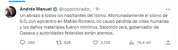 Un abrazo a todos los habitantes del Istmo AMLO tras sismo de 6.0; ¿hubo pérdidas?