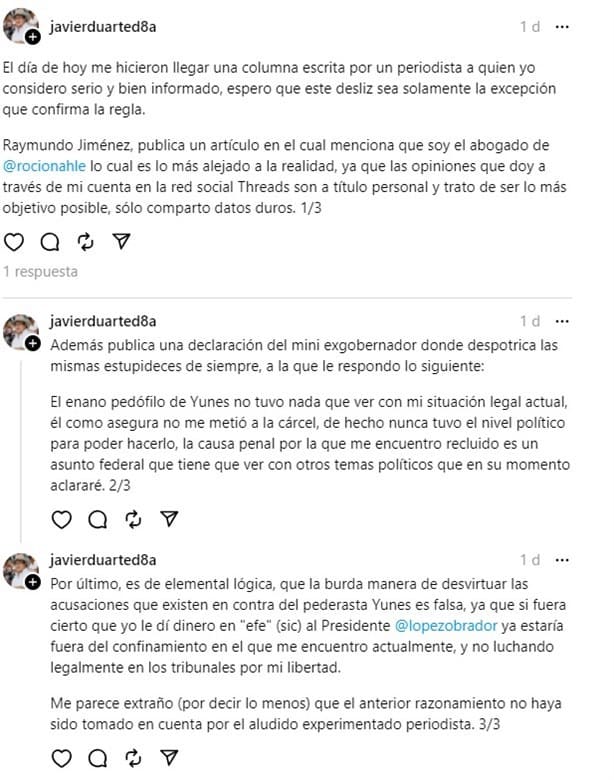 Javier Duarte usa Threads para arremeter contra Yunes Linares