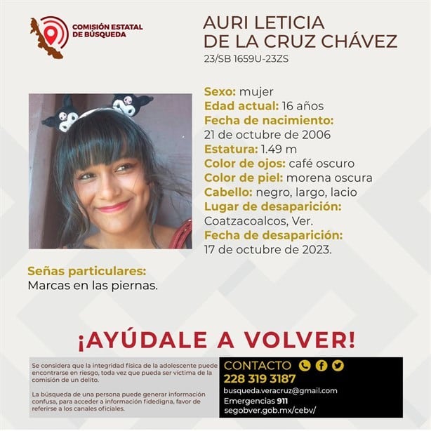 Auri Leticia de la Cruz Chávez de 16 años, se encuentra desaparecida en Coatzacoalcos