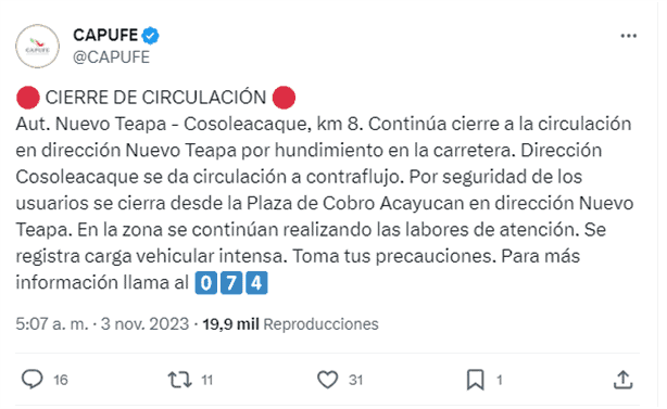 Alerta Capufe por tráfico intenso en la autopista Nuevo Teapa- Cosoleacaque, siguen labores por socavón