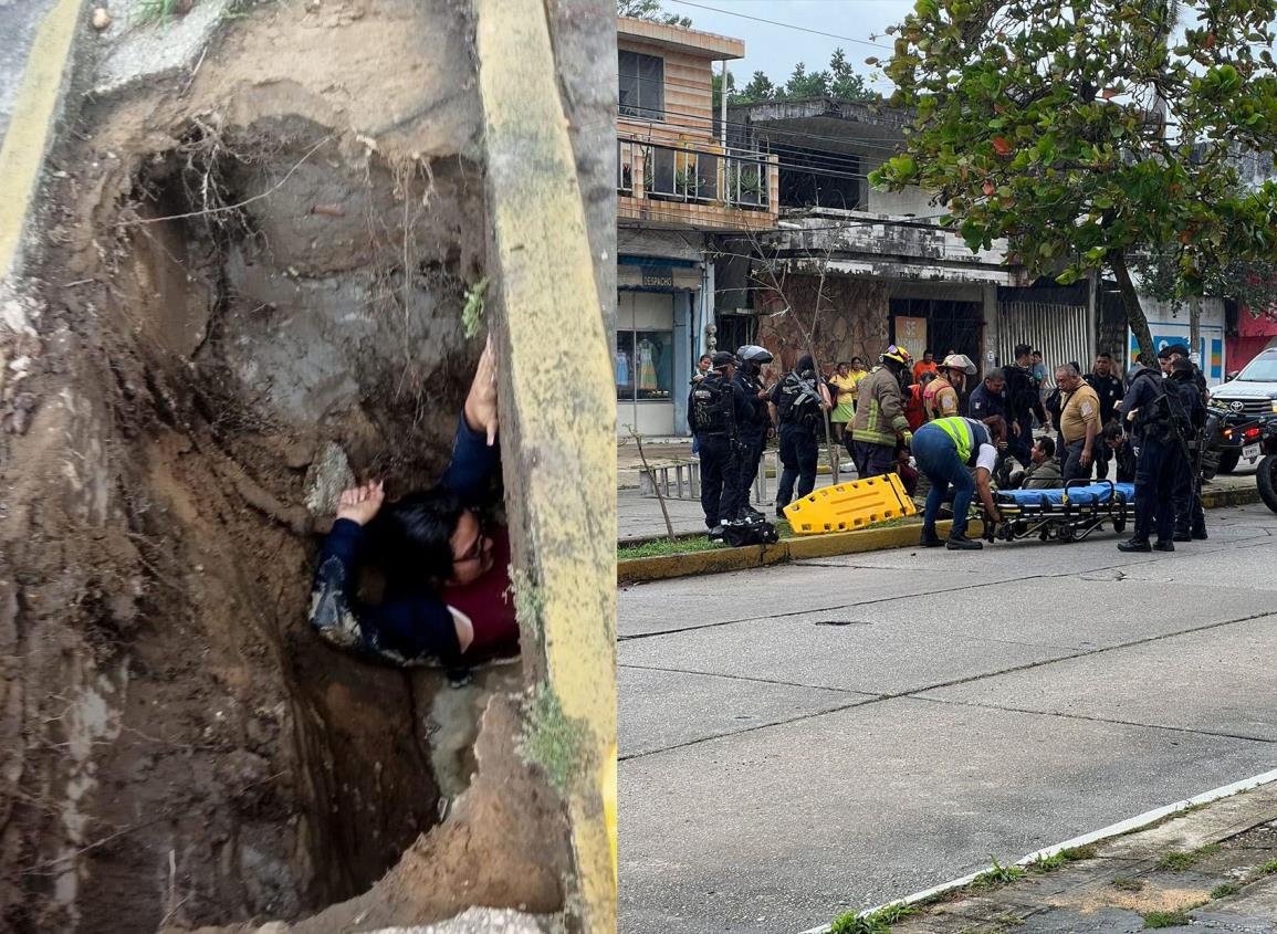 Mujer embarazada cae en socavón en pleno Centro de Coatzacoalcos 