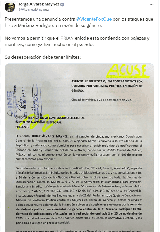 Vicente Fox se queda sin cuenta de X tras comentarios machistas contra Mariana Rodríguez