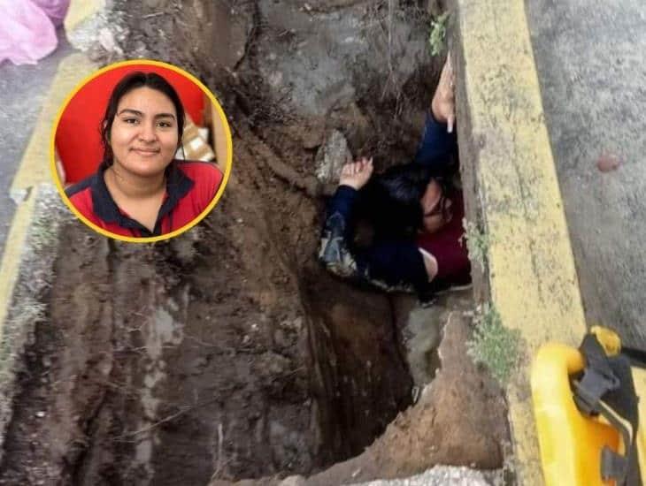 Así se encuentra la mujer embarazada que cayó a un socavón en Coatzacoalcos