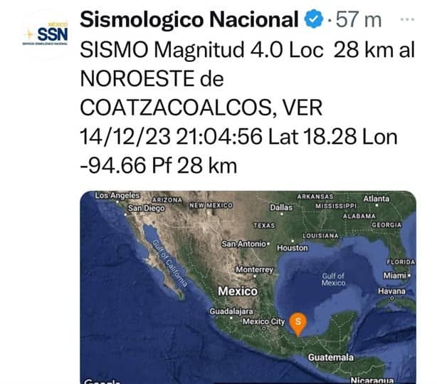Otra vez Coatzacoalcos fue epicentro de sismo; esta fue la magnitud
