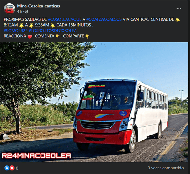 ¿Cada cuánto tiempo sale un camión de la ruta Coatzacoalcos-Cosoleacaque?