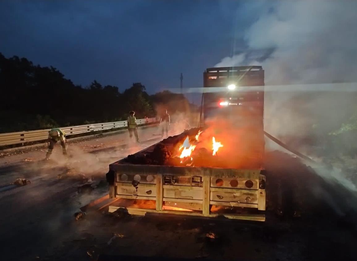 Pollos rostizados en autopista la Tinaja-Cosoleacaque tras incendio de tráiler