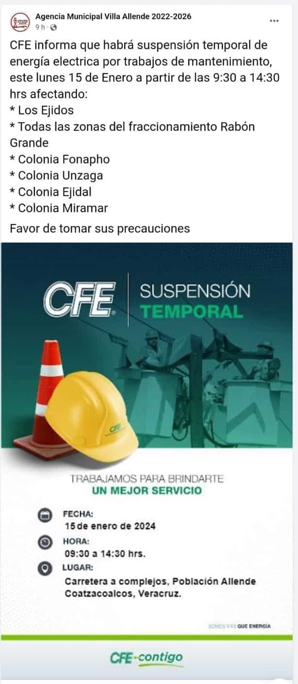 CFE suspenderá servido de energía eléctrica en Villa Allende y Ejidos