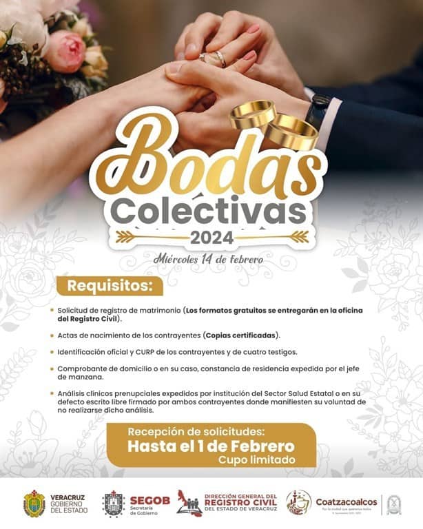 Lanzan convocatoria para Bodas Colectivas 2024 en Coatzacoalcos; estos son los requisitos