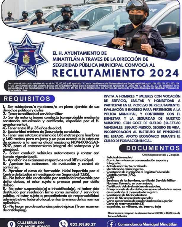¿Deseas ser Policía Municipal de Minatitlán?, estos son los requisitos