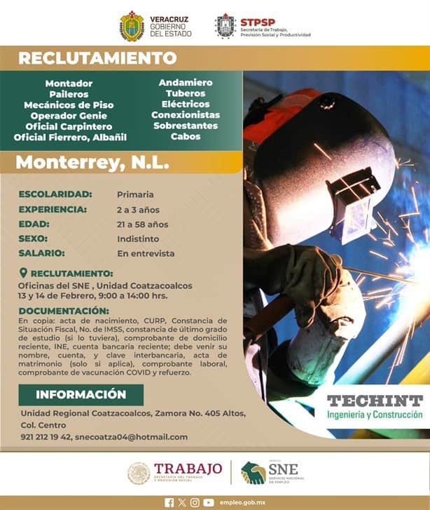Ofertarán vacantes en Coatzacoalcos para trabajar en Monterrey; estos son los requisitos