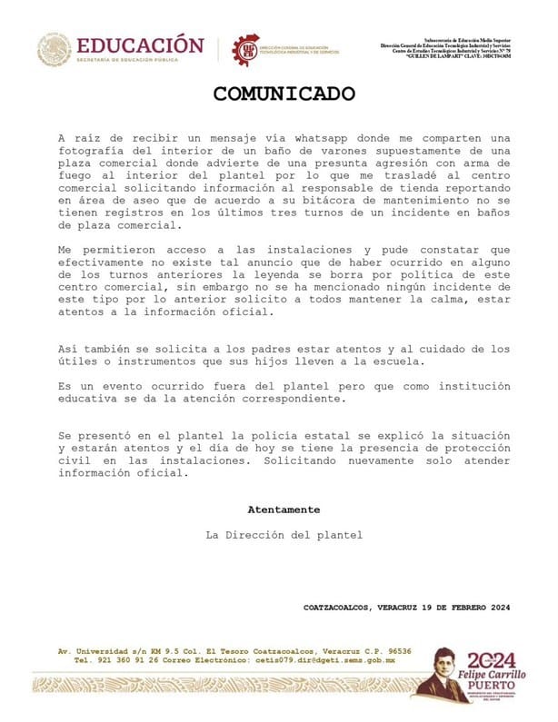 Desmiente SSP la amenaza de atentando en el Cetis 79 de Coatzacoalcos