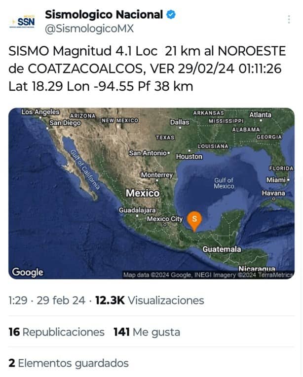 Sismo frente a costa de Coatzacoalcos ¿cuál fue su magnitud?