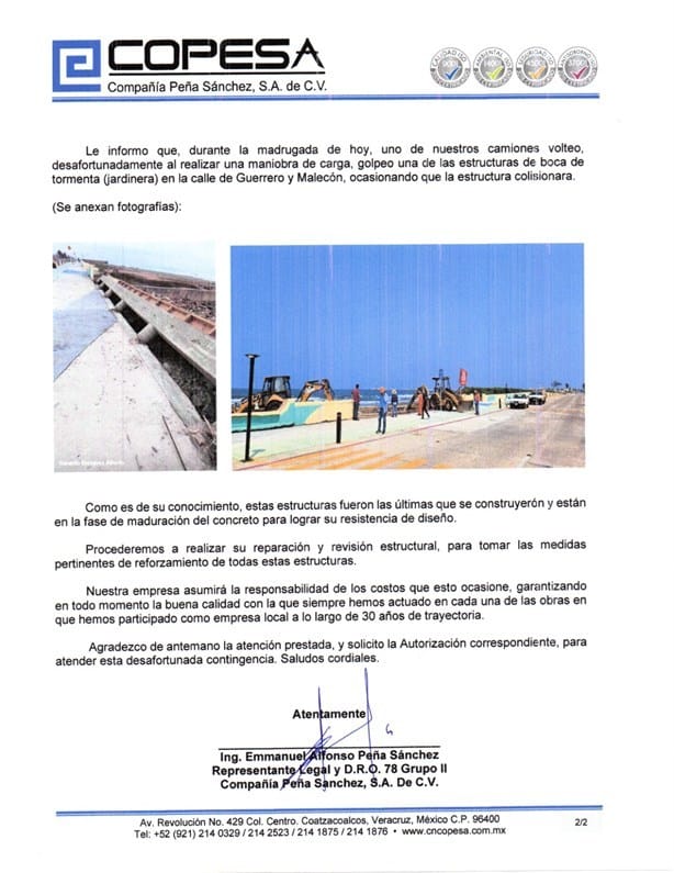 Copesa explica daños en modernización del Malecón de Coatzacoalcos, se comprometen a reparar