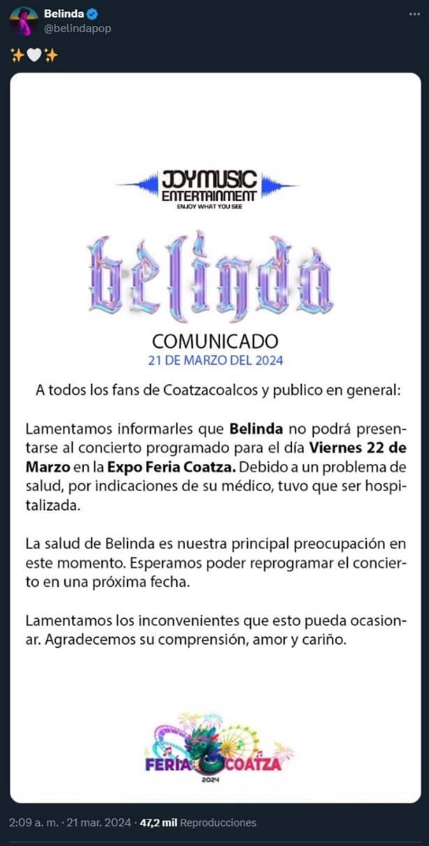 ¿Qué le pasó a Belinda? Ya no estará en la Expo Feria Coatzacoalcos 2024