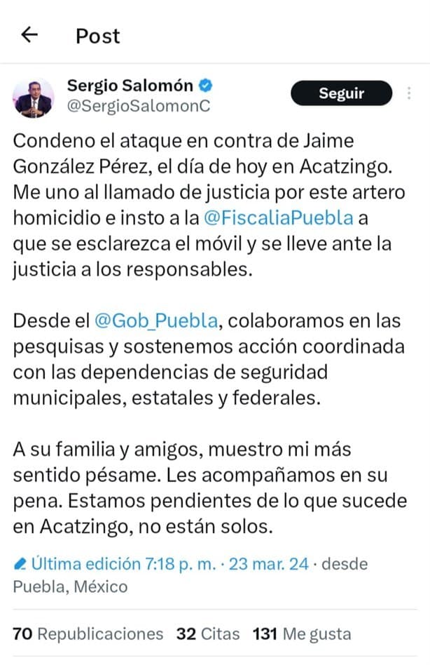 Tras ataque, fallece Jaime González Pérez, candidato de Morena en Puebla