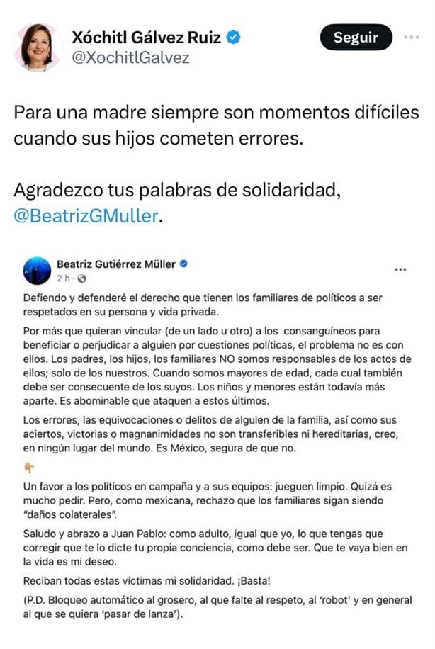 Beatriz Gutiérrez Müller se solidariza con hijo de Xóchitl Gálvez, así respondió la candidata a la presidencia