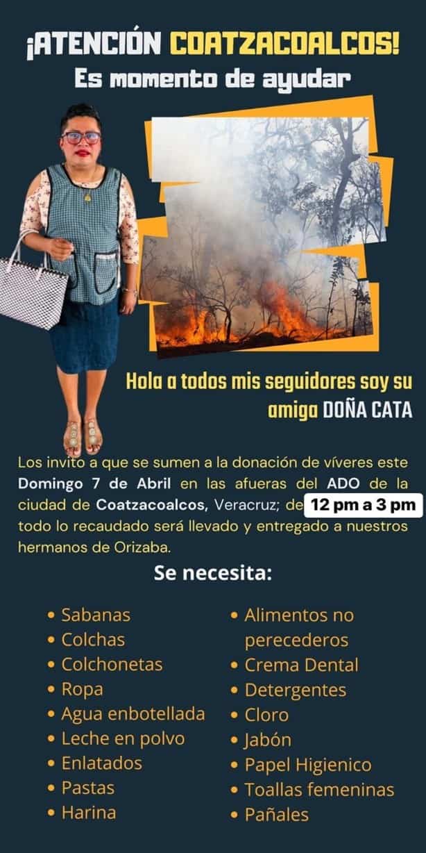 "Doña Cata", estará en Coatzacoalcos recolectando víveres para familias afectadas por incendios en Orizaba