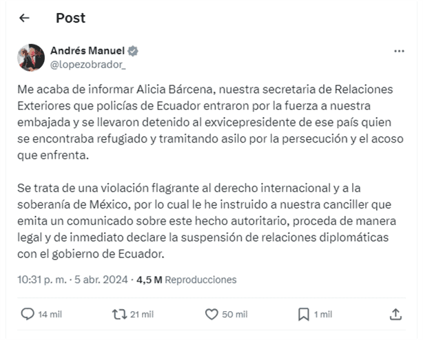 Policías irrumpen Embajada de México en Ecuador; AMLO ordena suspender relaciones diplomáticas