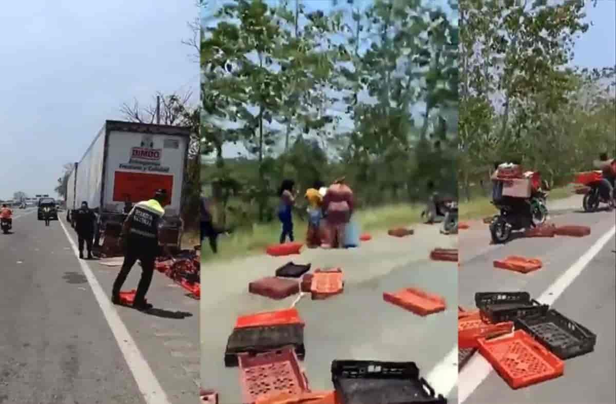 Rapiñan productos de Bimbo tras accidente en carretera que conecta a Coatzacoalcos l VIDEO