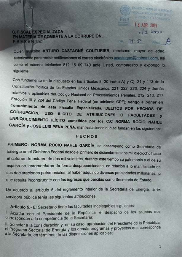 Rocío Nahle es denunciada ante la FGR por Arturo Castagné por presunto enriquecimiento ilícito