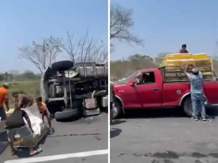Vuelca camión con pollos en Rinconada; se desata rapiña (+Video)