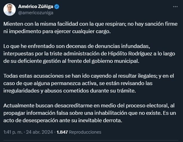 ¿Américo Zúñiga está inhabilitado? Esto responde el político