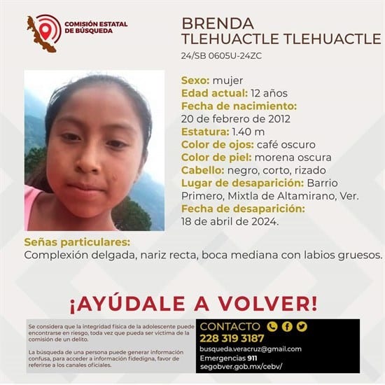 Menor de 12 años es reportada como desaparecida en Mixtla