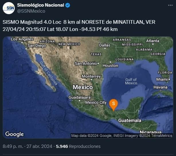 ¿Lo sentiste? Sismo de magnitud 4 sacude a Minatitlán