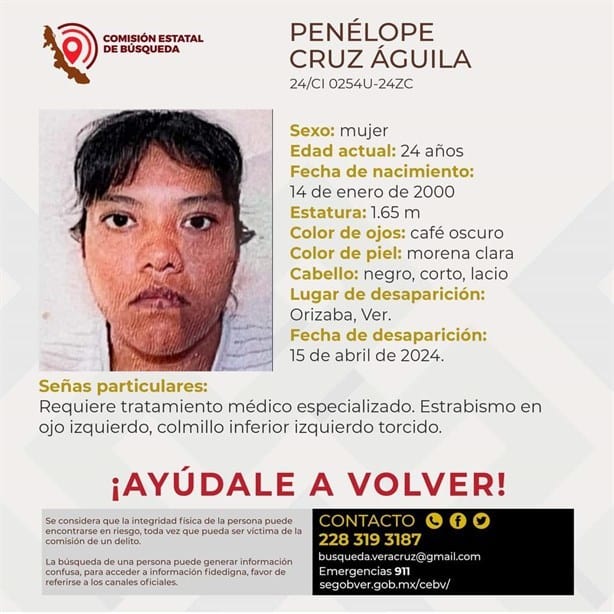 Penélope Cruz Águila despareció en Orizaba; está bajo tratamiento médico