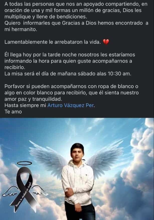 Solo tenía 14 años; Arturo Vázquez Pérez, desaparecido en 2019 en Amatlán, fue hallado sin vida