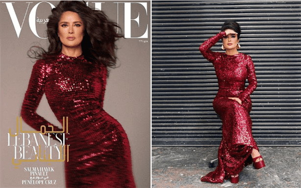 Salma Hayek deslumbra con un espectacular vestido rojo en la portada de Vogue Arabia