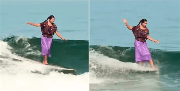 Surfista mexicana sorprende al desafiar las olas vestida de huipil (+ VIDEO)